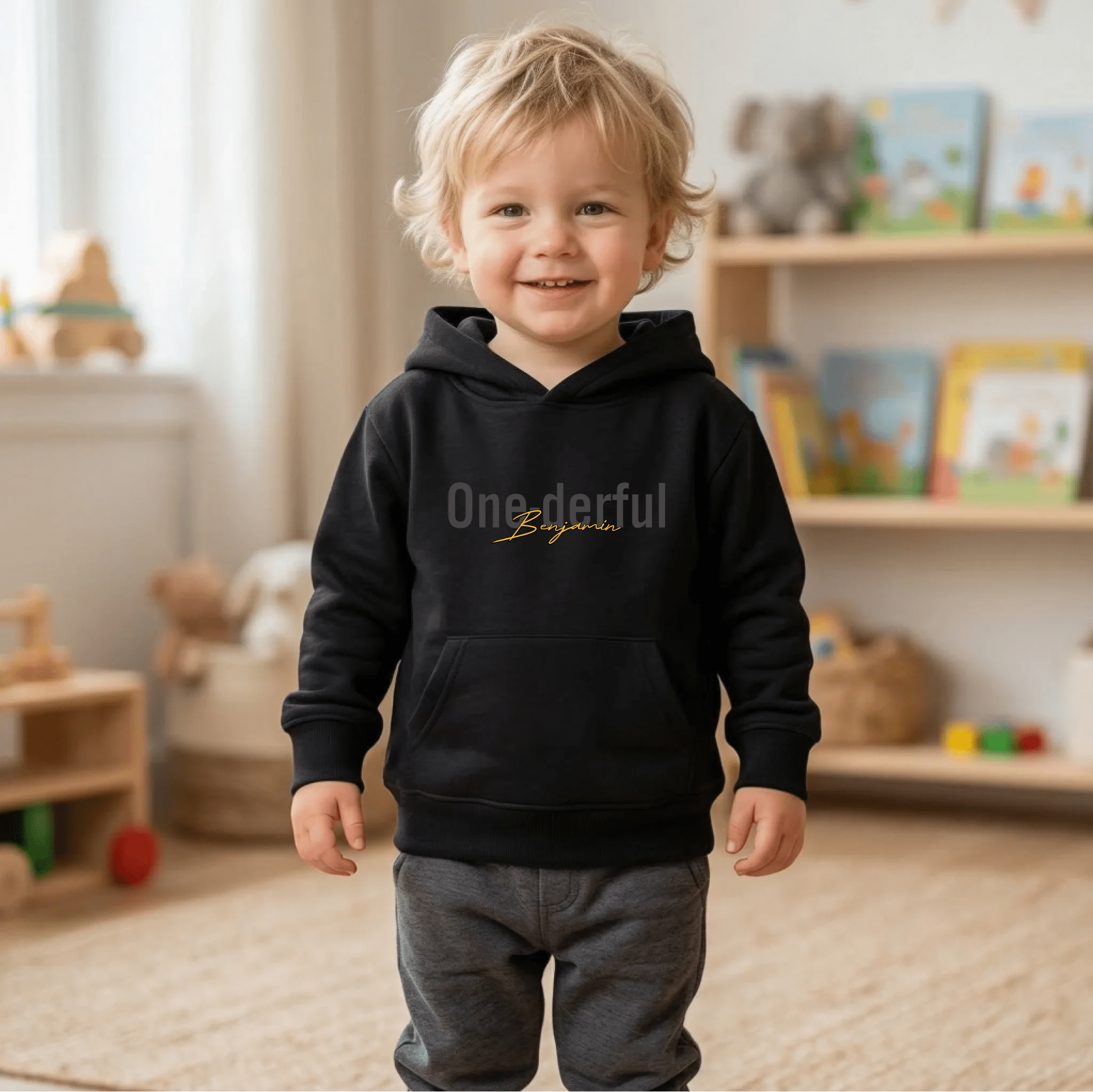 Personalisierter Kinder Hoodie zum 1. Geburtstag – Modell "One - derful" mit Wunschname - pure|custom.