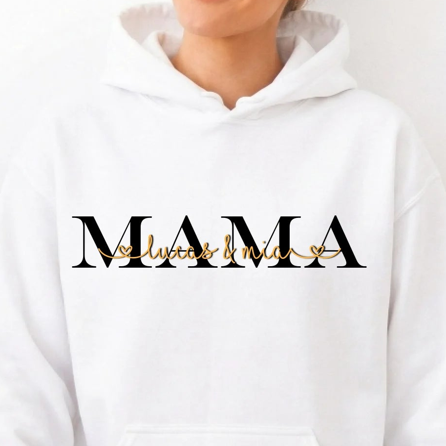 Edler Personalisierter "MAMA" Hoodie – Weißer Kapuzenpullover mit Gold-Kalligraphie & Herzen – Individuelle Namen