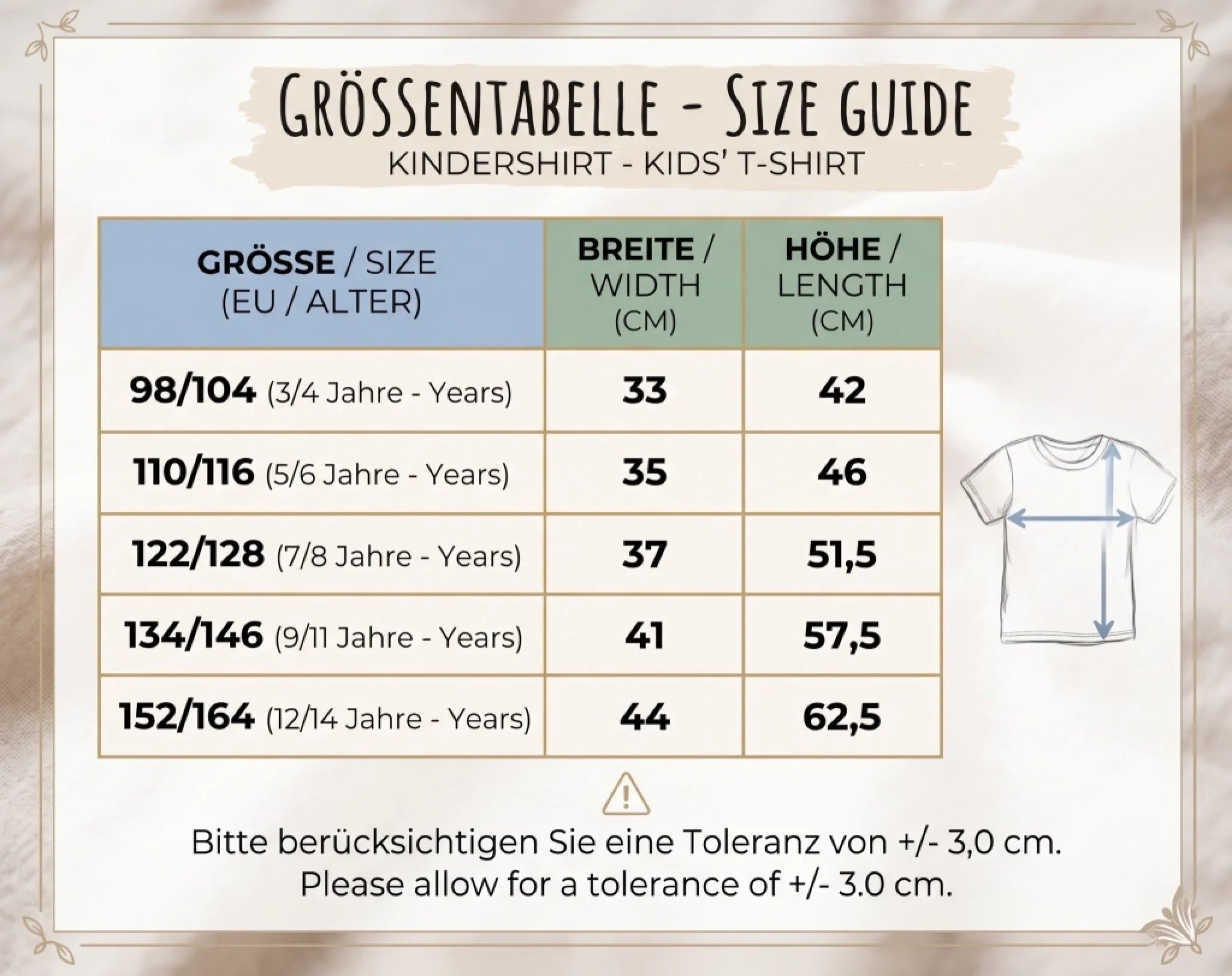 Organic Kinder Shirt Größentabelle
