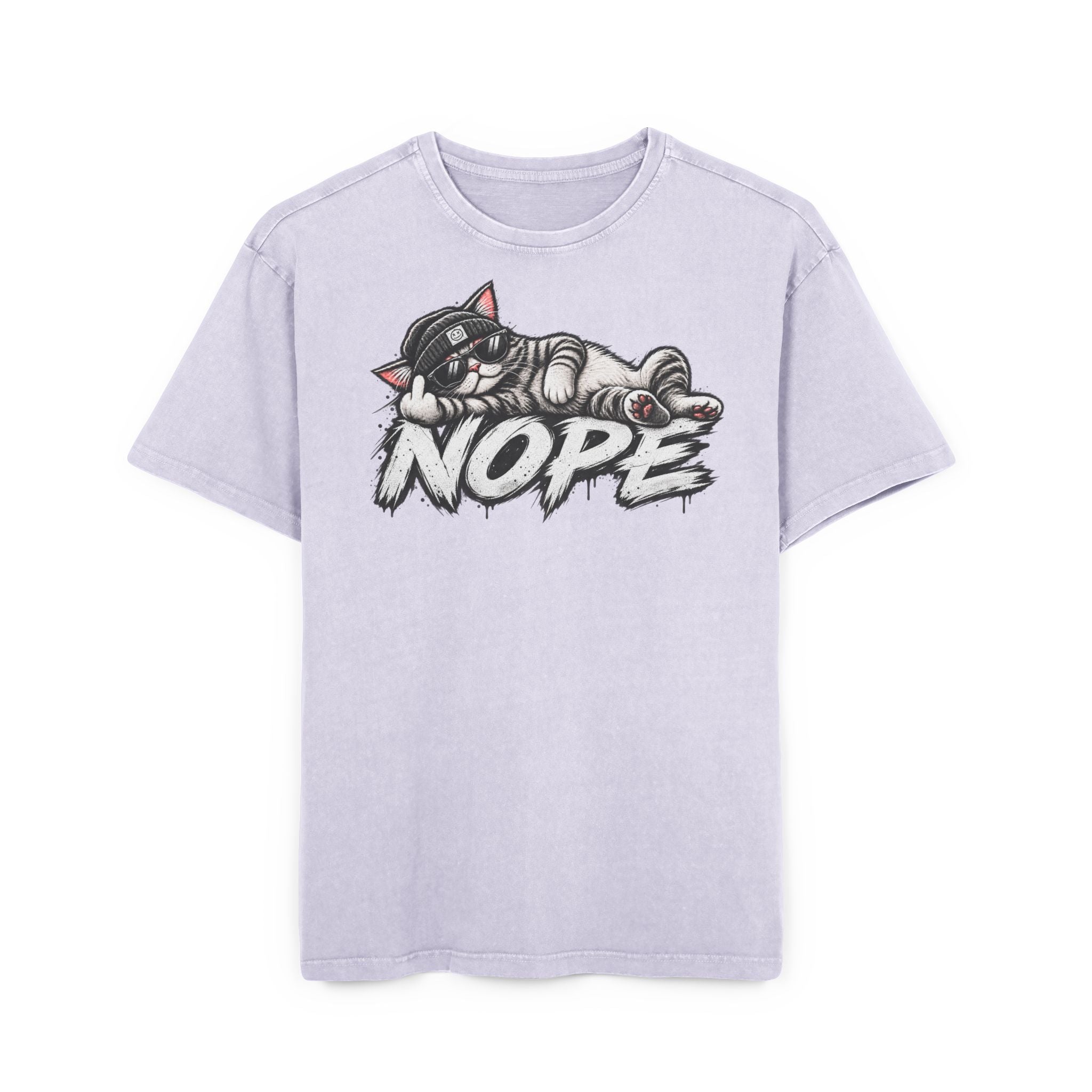 Nope Katze T-Shirt Oversized Vintage Washed, Lustiges Katzen Shirt mit Sonnenbrille, Sarkasmus Spruch Unisex
