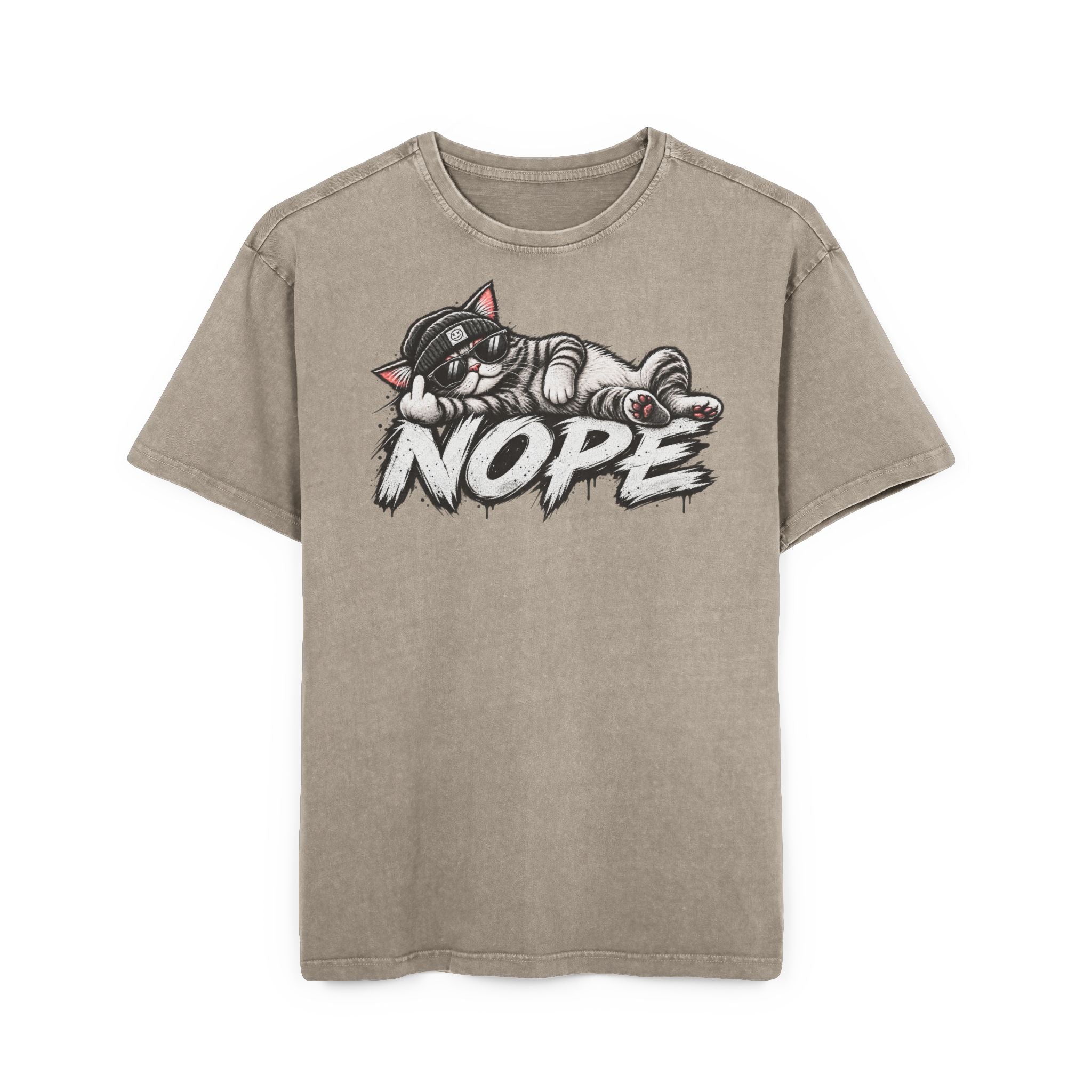 Nope Katze T-Shirt Oversized Vintage Washed, Lustiges Katzen Shirt mit Sonnenbrille, Sarkasmus Spruch Unisex