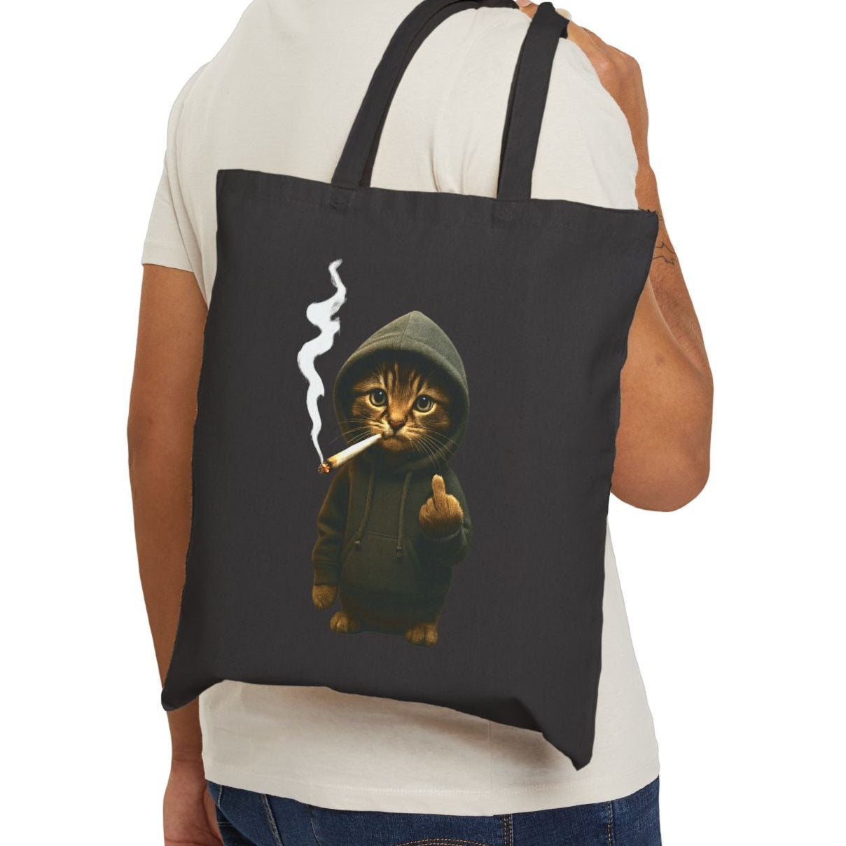 "Bad Cat" Lustiger Jutebeutel mit Katze im Hoodie & Mittelfinger – Witzige Baumwolltasche – Edgy Streetwear Stoffbeutel Schwarz