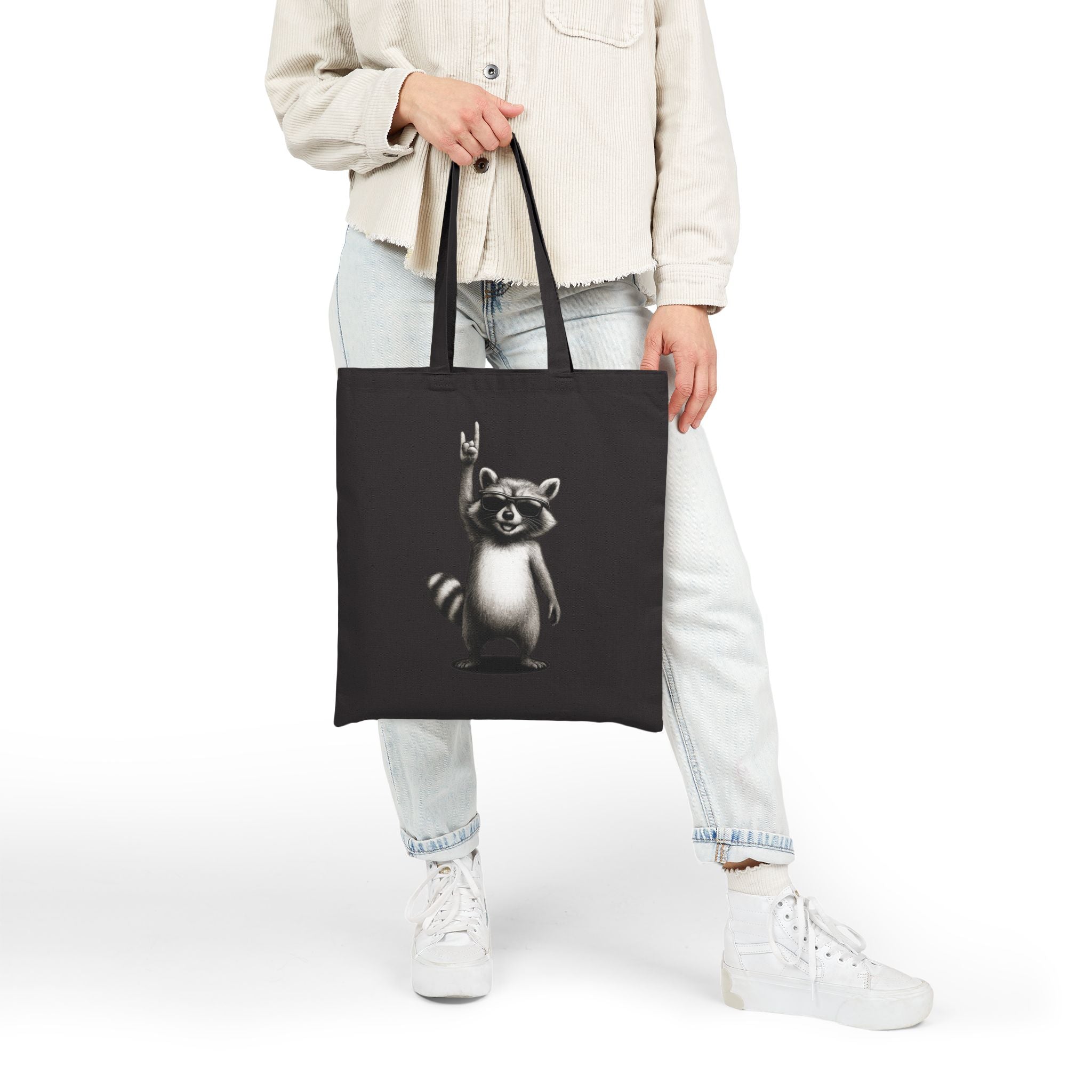 Rock Waschbär Jutebeutel Schwarz – Lustiger Stoffbeutel mit Metal & Rock 'n' Roll Motiv – Baumwolltasche für Festivals, Einkäufe & Alltag