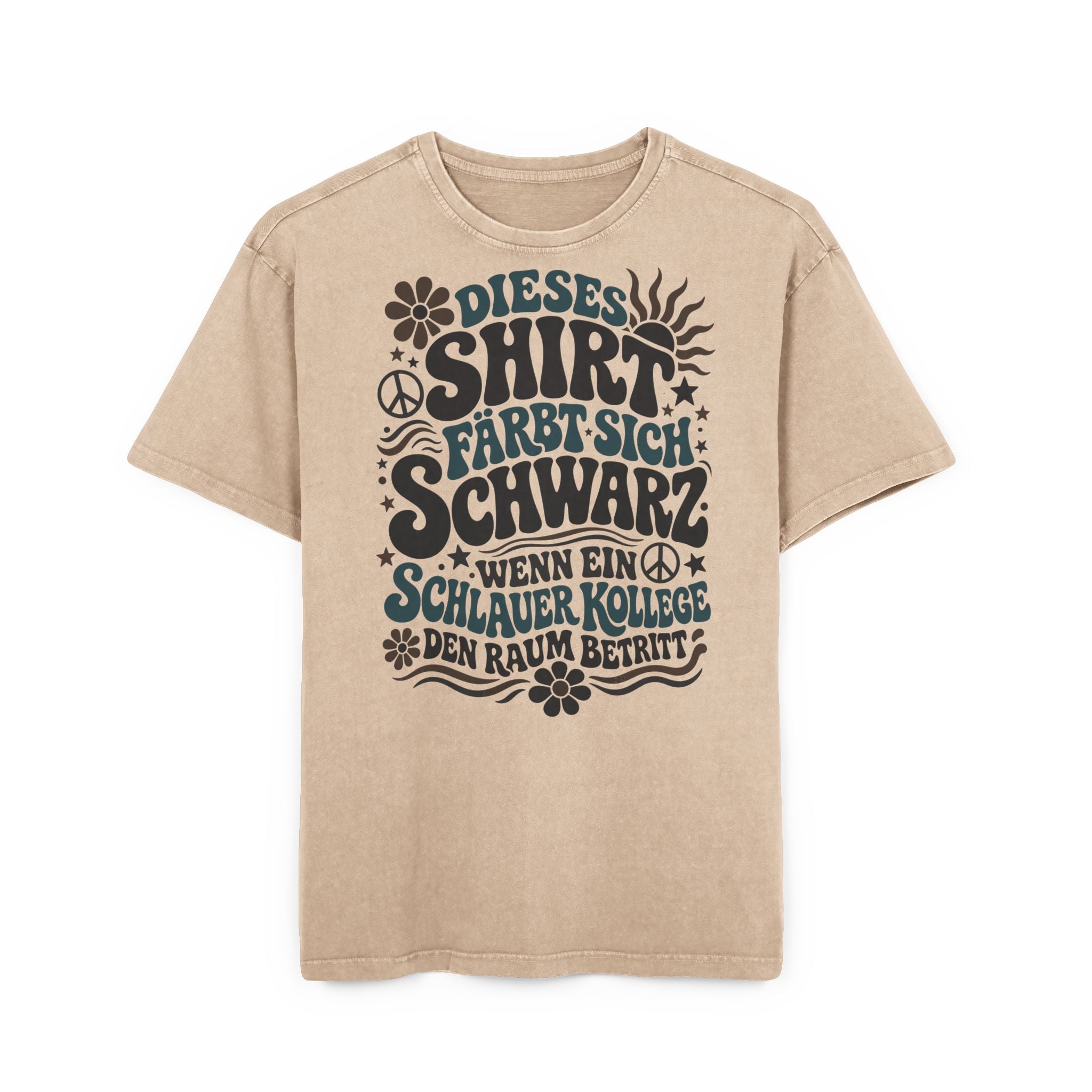 "Dieses Shirt färbt sich schwarz..." Oversized Damen T-Shirt – Retro 70s Büro Funshirt mit Spruch für Kolleginnen & Job – Washed Grau / Stone