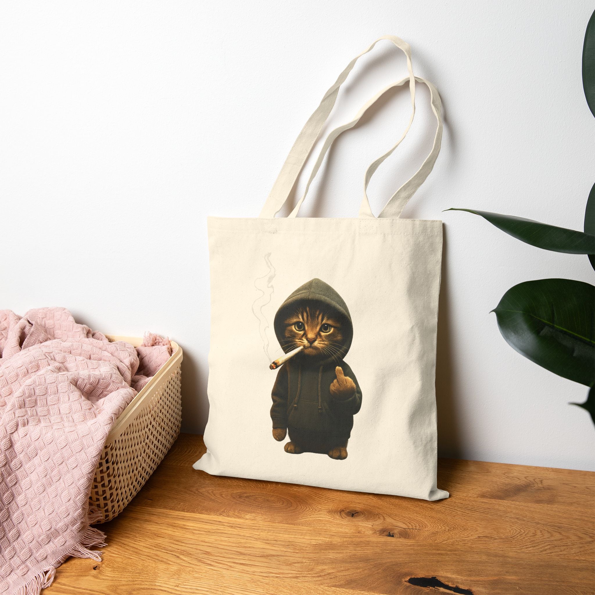 "Bad Cat" Lustiger Jutebeutel mit Katze im Hoodie & Mittelfinger – Witzige Baumwolltasche – Edgy Streetwear Stoffbeutel Schwarz