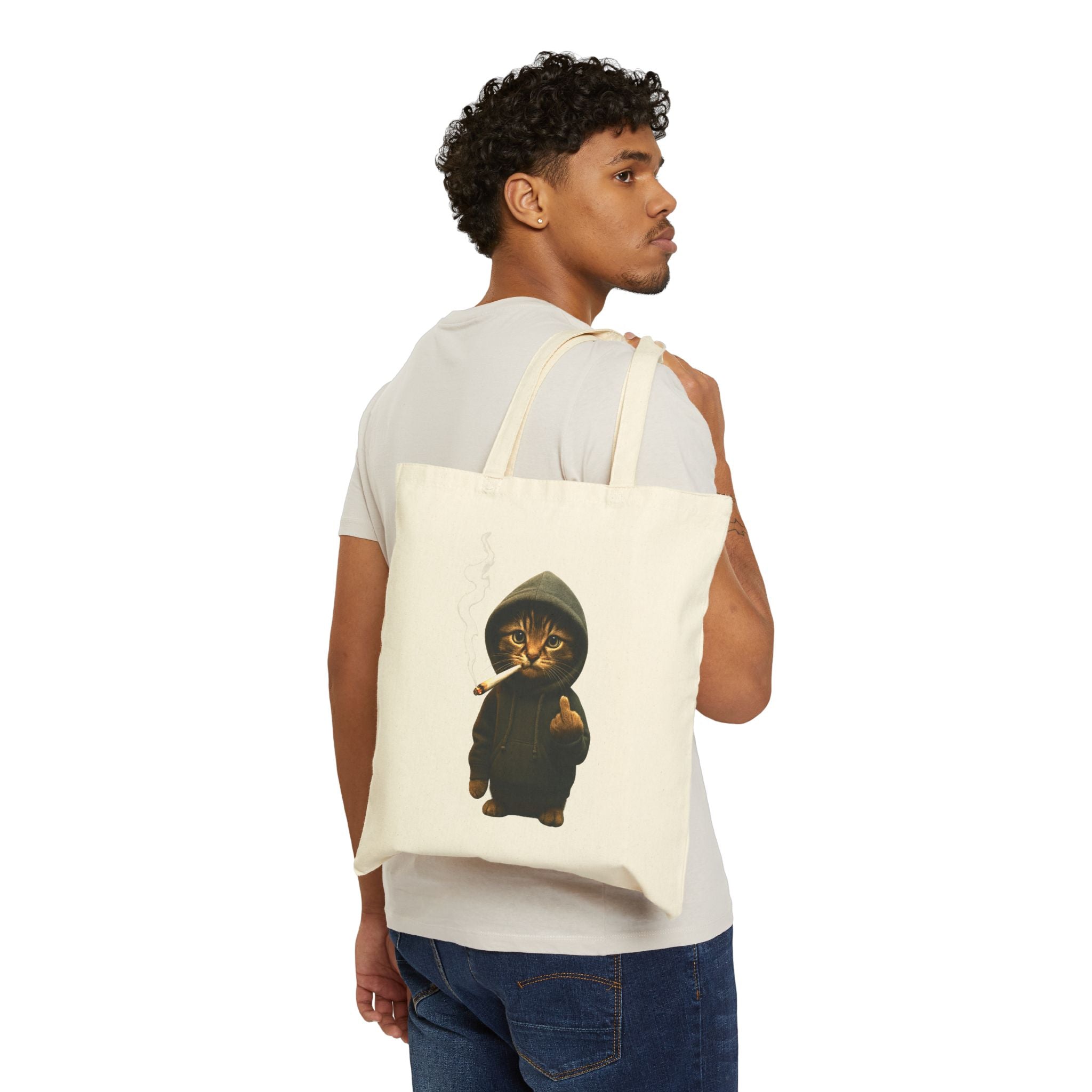 "Bad Cat" Lustiger Jutebeutel mit Katze im Hoodie & Mittelfinger – Witzige Baumwolltasche – Edgy Streetwear Stoffbeutel Schwarz