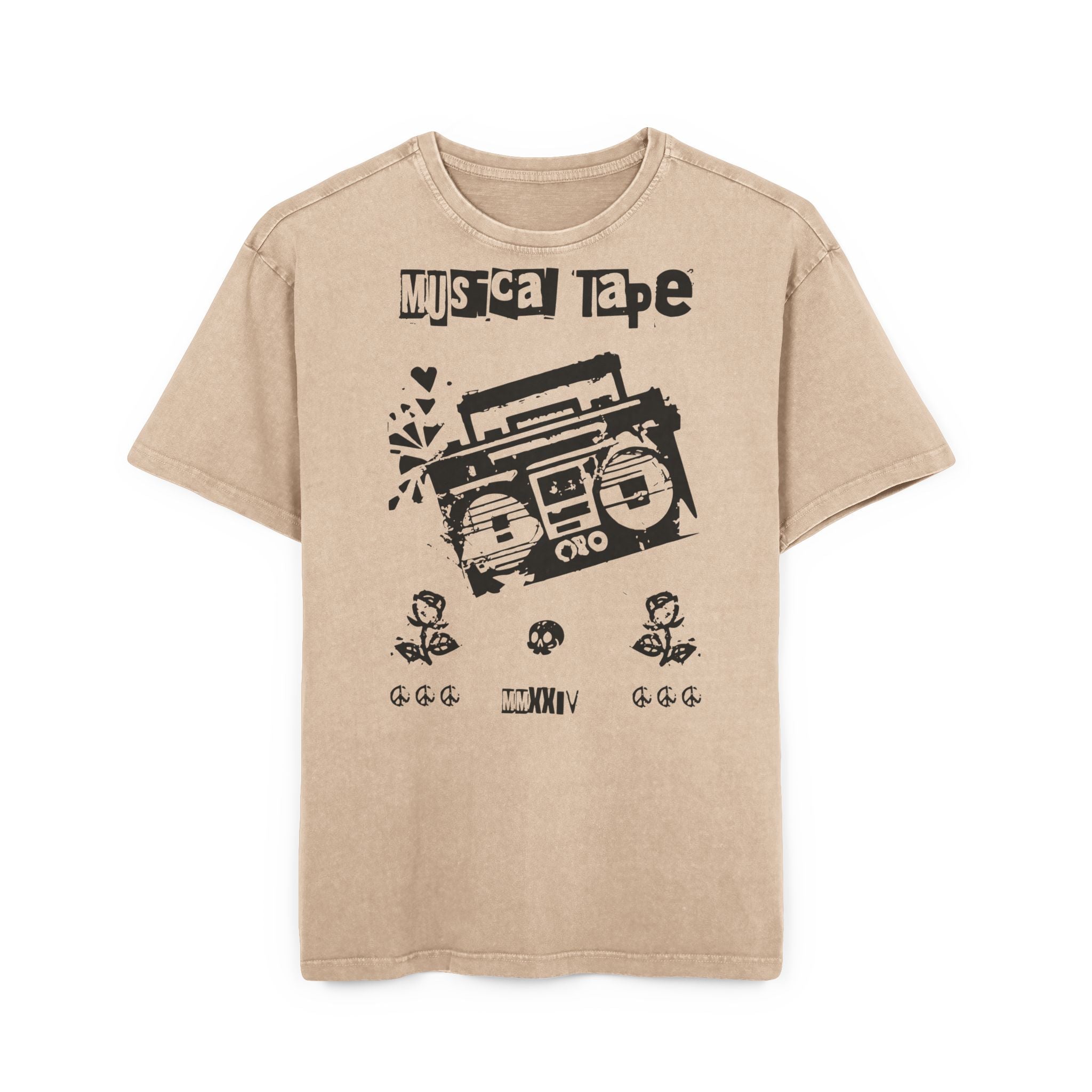 Musical Tape Retro Boombox Heavy Oversized T-Shirt | Y2K Grunge Streetwear Tee, 90s Hip Hop Ghetto Blaster, Vintage Acid Wash Asphalt