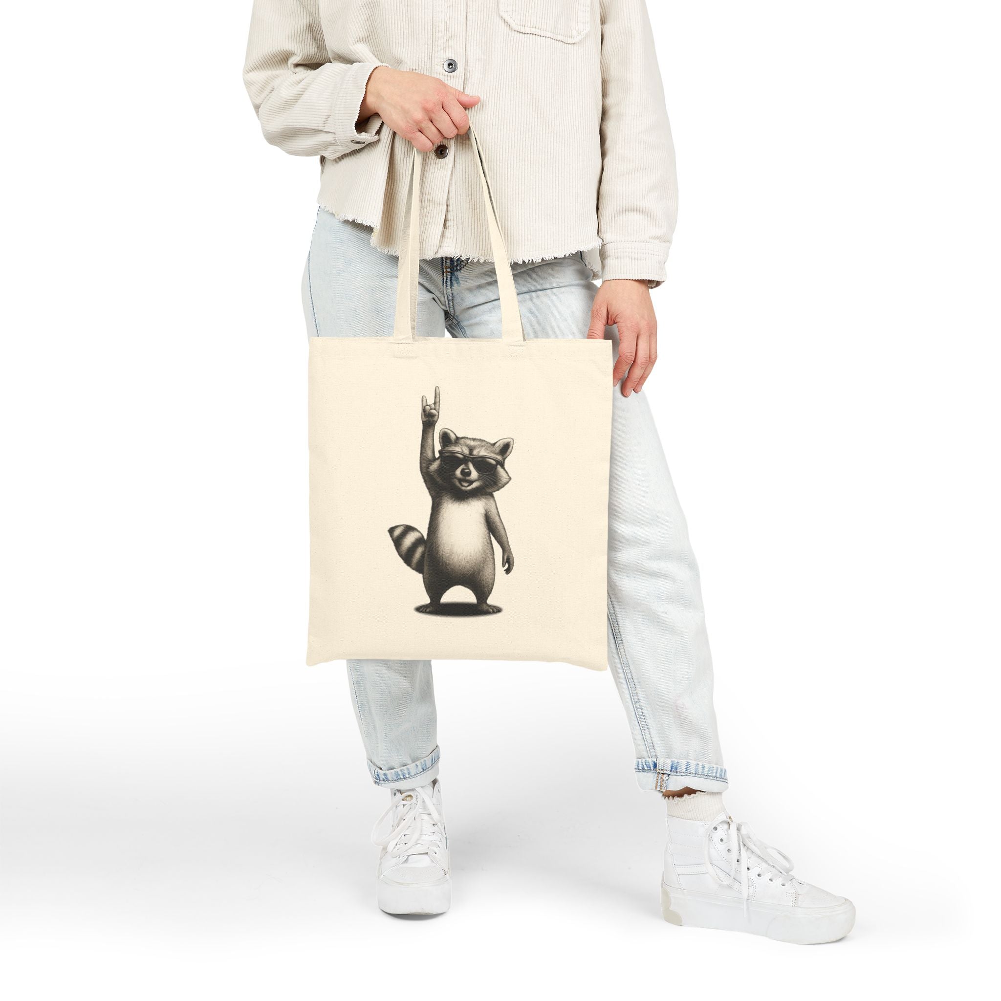 Rock Waschbär Jutebeutel Schwarz – Lustiger Stoffbeutel mit Metal & Rock 'n' Roll Motiv – Baumwolltasche für Festivals, Einkäufe & Alltag