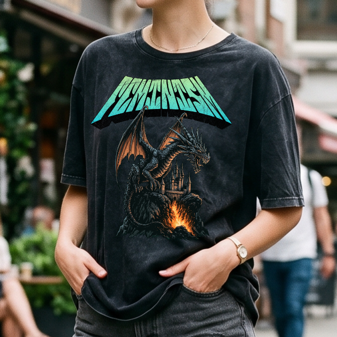 Feminism Dragon Heavy Metal T-Shirt – Vintage Mineral Washed Shirt mit Drachen Motiv