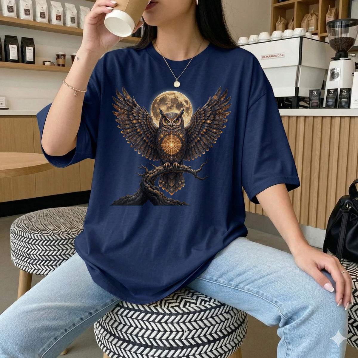 Mystisches Eule Mond T-Shirt Damen | Spirituelles Boho Design