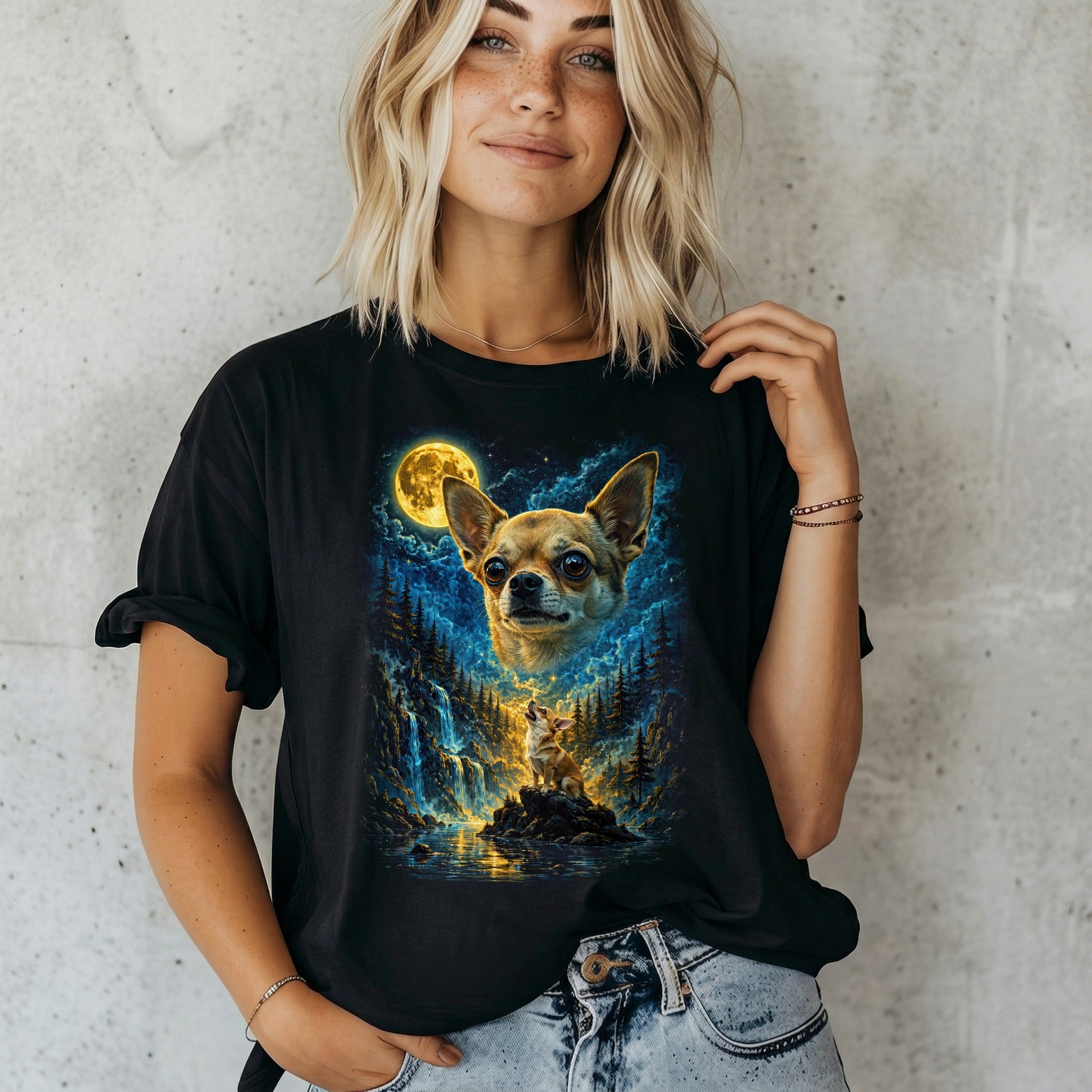 Chihuahua Mond Mystik T-Shirt Damen | Spirituelles Boho Design