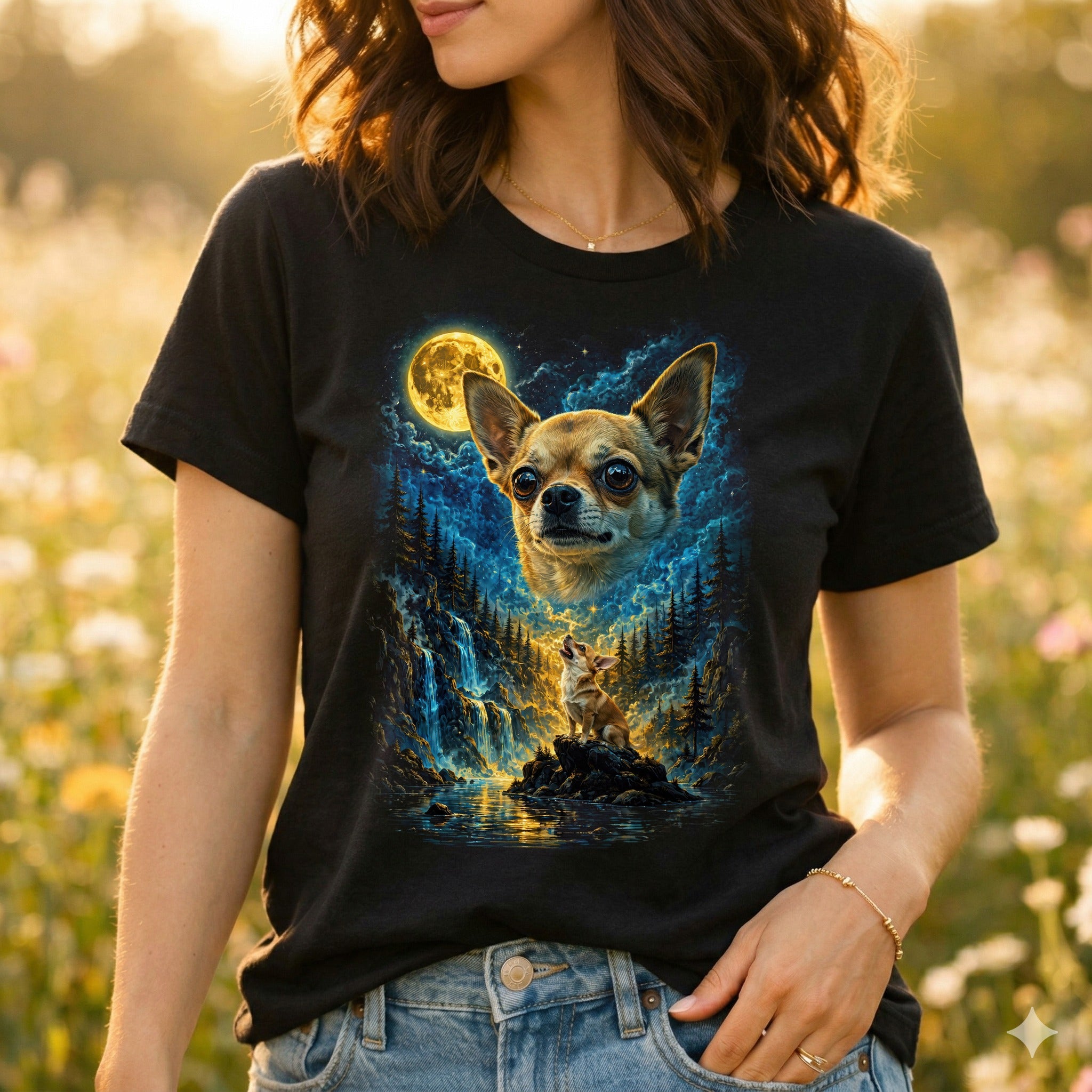 Chihuahua Mond Mystik T-Shirt Damen | Spirituelles Boho Design