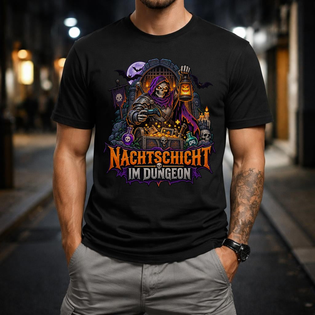 Nachtschicht im Dungeon T-Shirt Herren, Gamer Fantasy Shirt, Halloween Skelett RPG Tee, DnD Nerd Geschenk