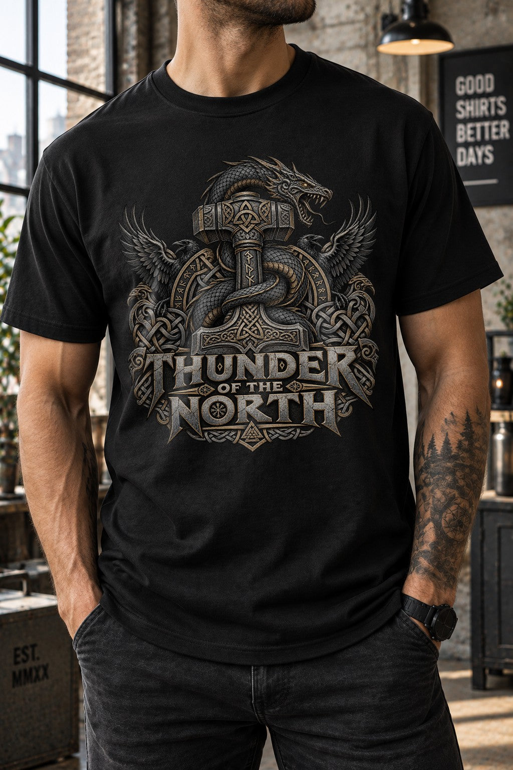 Thunder of the North T-Shirt Herren Wikinger Norse Mythologie Thor Hammer Drachen Raben Nordic Fantasy Shirt