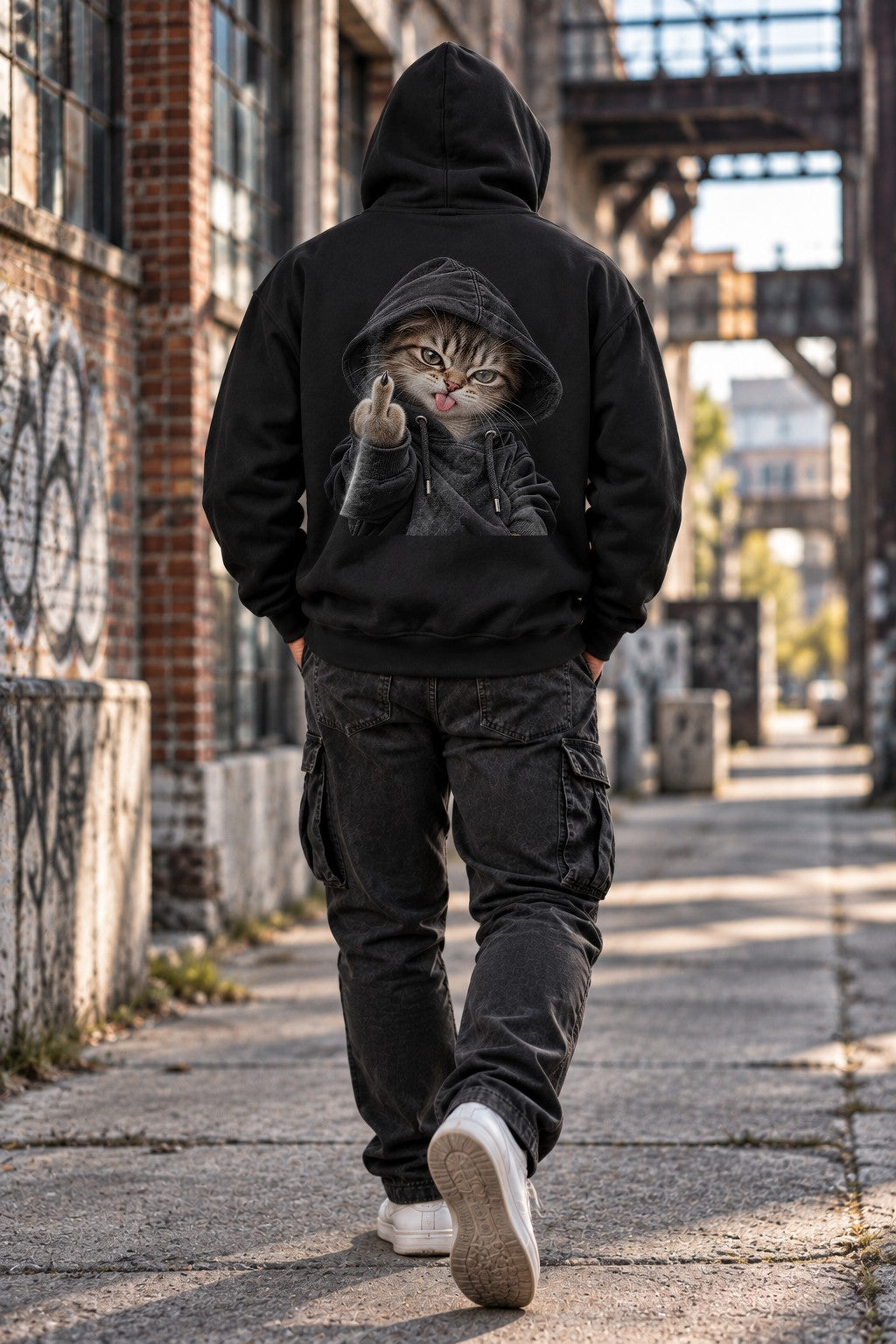 Freche Katze Hoodie Schwarz, Streetwear Katzen Pullover mit Mittelfinger Cat Print, Lustiger Unisex Backprint Hoodie