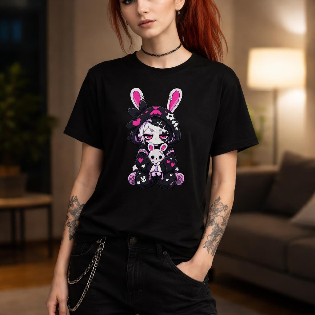 Cute Gothic Bunny T-Shirt Damen | Kawaii Gothic Anime Shirt mit süßem Hasen Motiv