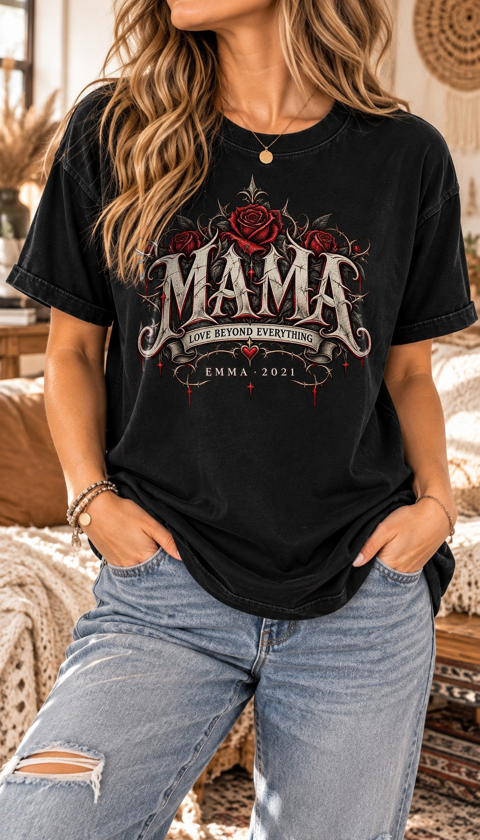 Personalisiert Mama T-Shirt mit Namen & Wunschjahr, Gothic Rosen Shirt Damen, Geschenk für Mutter individuell