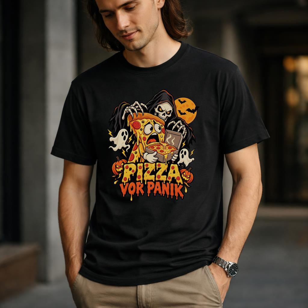 Pizza vor Panik T-Shirt Halloween Lustig Skelett Pizza Shirt Unisex Grusel Funshirt Geschenk