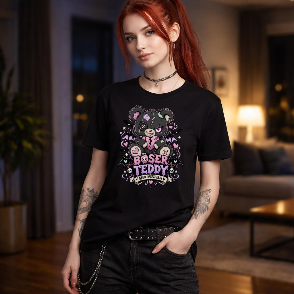 Böser Teddy T-Shirt Damen Gothic Cute Pastell, Grunge Alt. aber kuschelig Spruchshirt