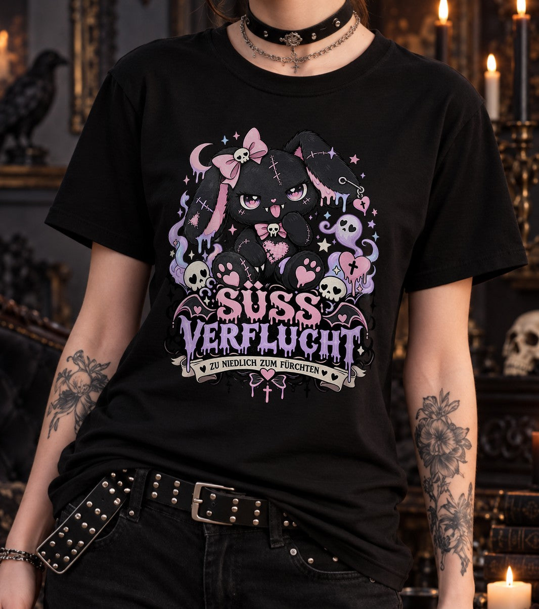 Süss Verflucht T-Shirt Damen Oversized Gothic Kawaii Hase Schwarz Cute Spooky Grunge Shirt Halloween Emo