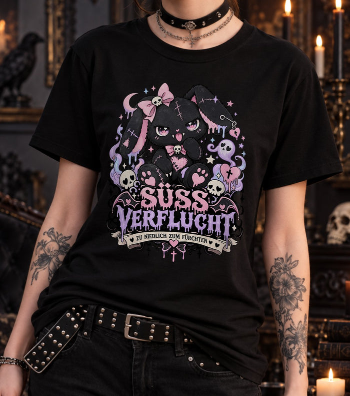 Süss Verflucht T-Shirt Damen Oversized Gothic Kawaii Hase Schwarz Cute Spooky Grunge Shirt Halloween Emo