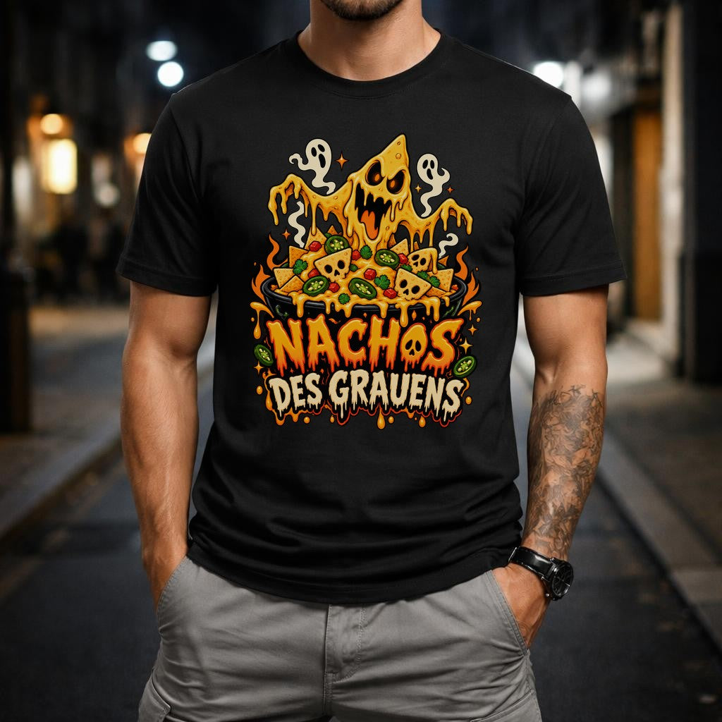 Nachos des Grauens T-Shirt lustig Halloween Horror Snack Shirt Unisex Grusel Foodie Geschenk schwarzes Tee