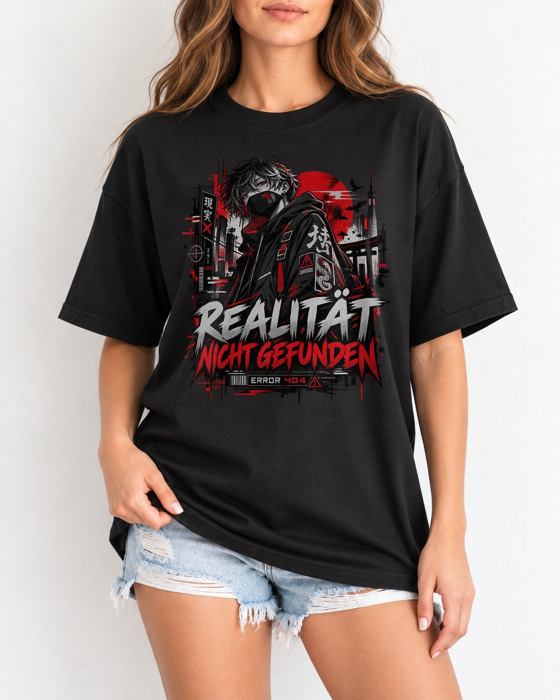 Realität Nicht Gefunden T-Shirt Anime Streetwear Damen Herren, Error 404 Cyberpunk Oversized Shirt Schwarz