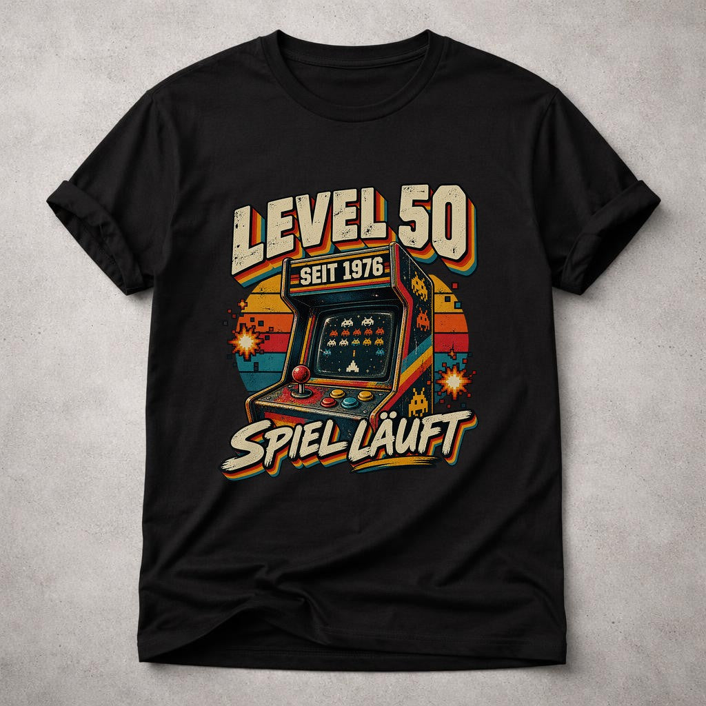 Level 50 Seit 1976 Spiel Laeuft T-Shirt, Retro Gamer Geburtstag 50, Vintage Arcade Shirt fuer Maenner und Frauen