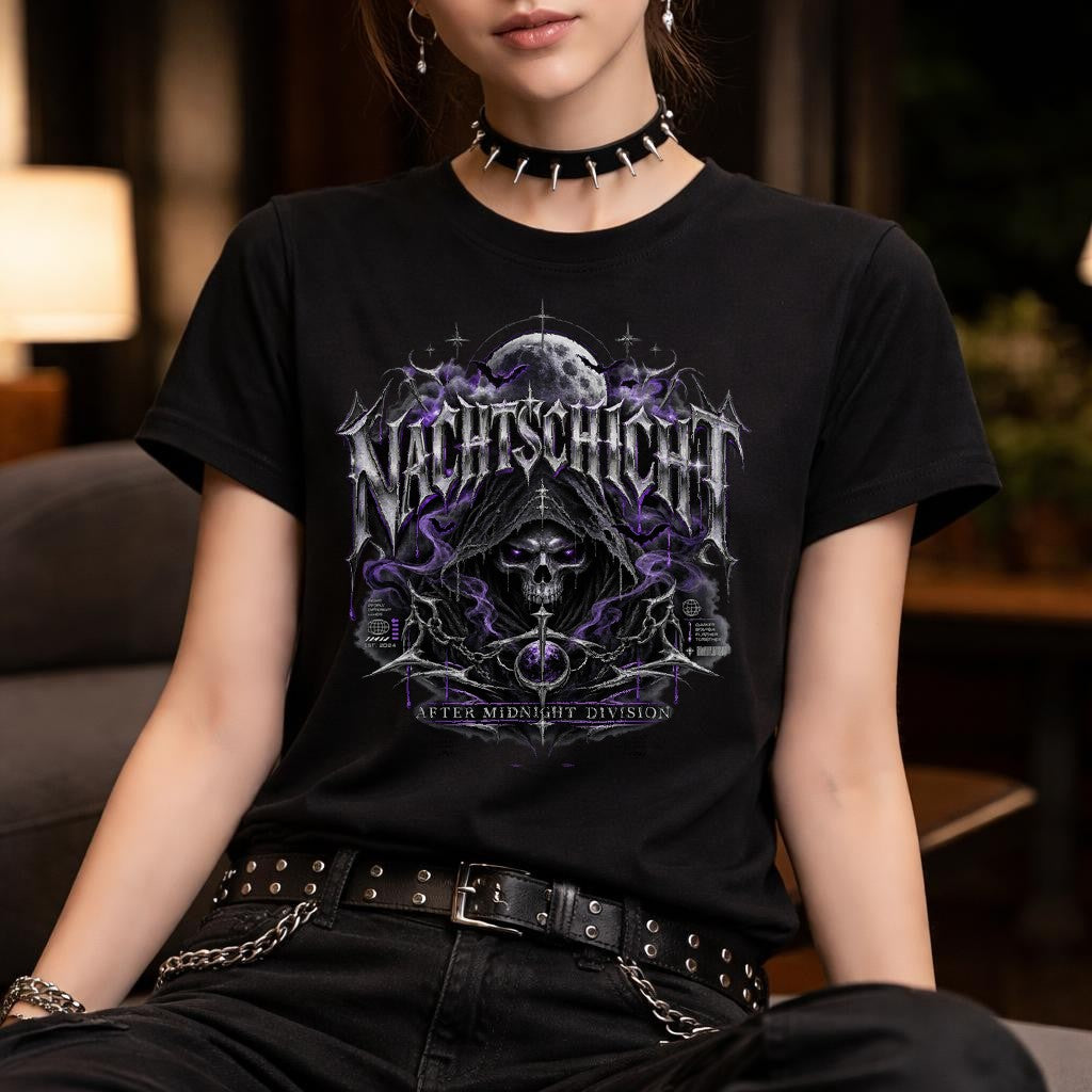 NACHTSCHREI Camiseta gótica para mujer – Camiseta Dark Metal con calavera y luna