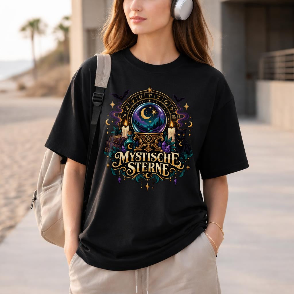 Mystische Sterne T-Shirt Damen Oversized, Hexen Astrologie Shirt, Gothic Mond Sterne Kristall Katze Geschenk