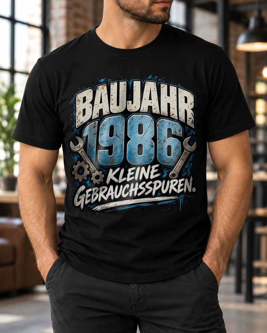 Baujahr 1986 T-Shirt Herren lustig, Kleine Gebrauchsspuren, Geburtstag Shirt 39 Jahre, Schrauber Geschenk Mann