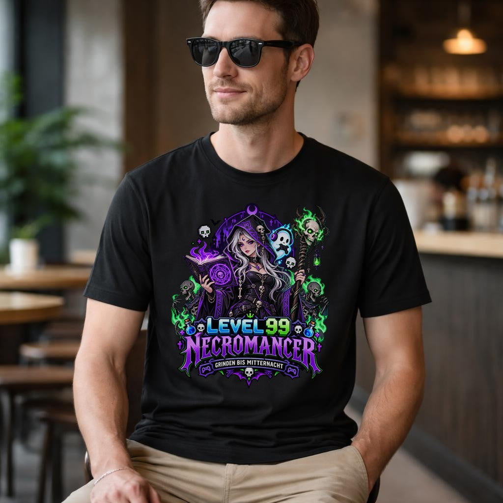 Level 99 Necromancer T-Shirt Herren Damen, Gamer Fantasy Shirt, Grinden bis Mitternacht, Gothic RPG Funshirt