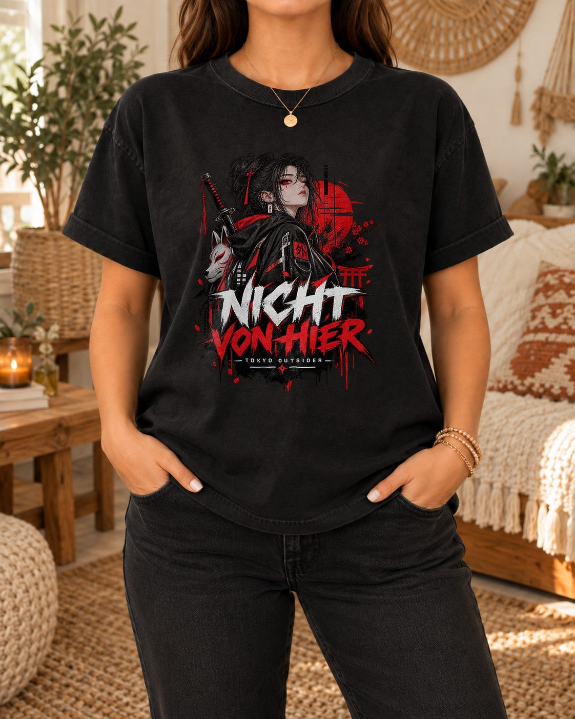 Nicht von Hier T-Shirt Damen Oversized, Anime Samurai Tokyo Outsider Shirt, Gothic Streetwear Geschenk