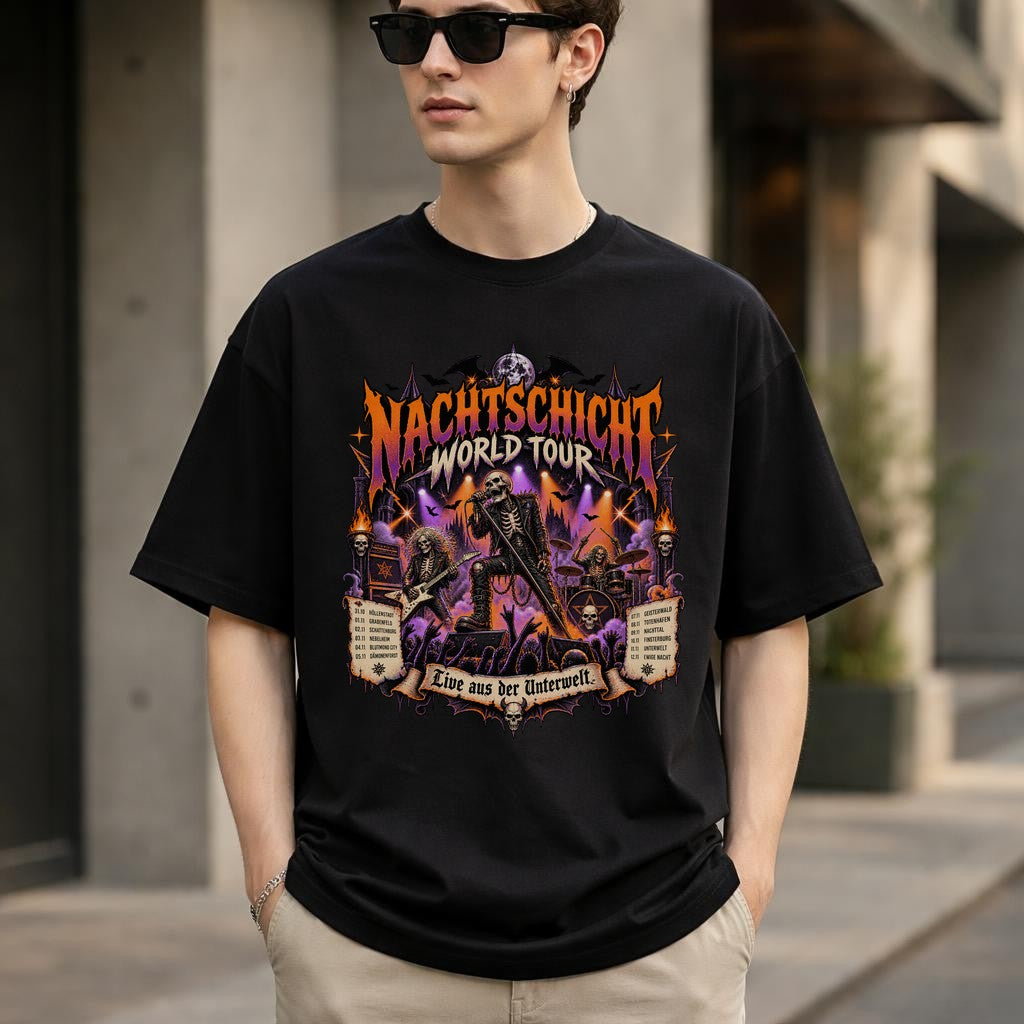 Nachtschicht World Tour T-Shirt Herren Unisex, Gothic Metal Konzertshirt, Live aus der Unterwelt, schwarzes Oversized Shirt