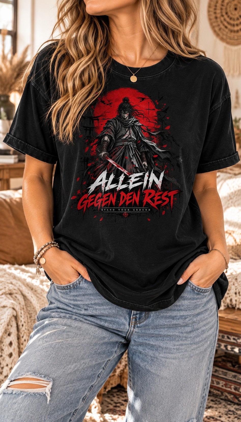 Allein Gegen Den Rest T-Shirt Damen Oversized, Samurai Anime Shirt Vintage Washed, Streetwear Grafiktee Schwarz