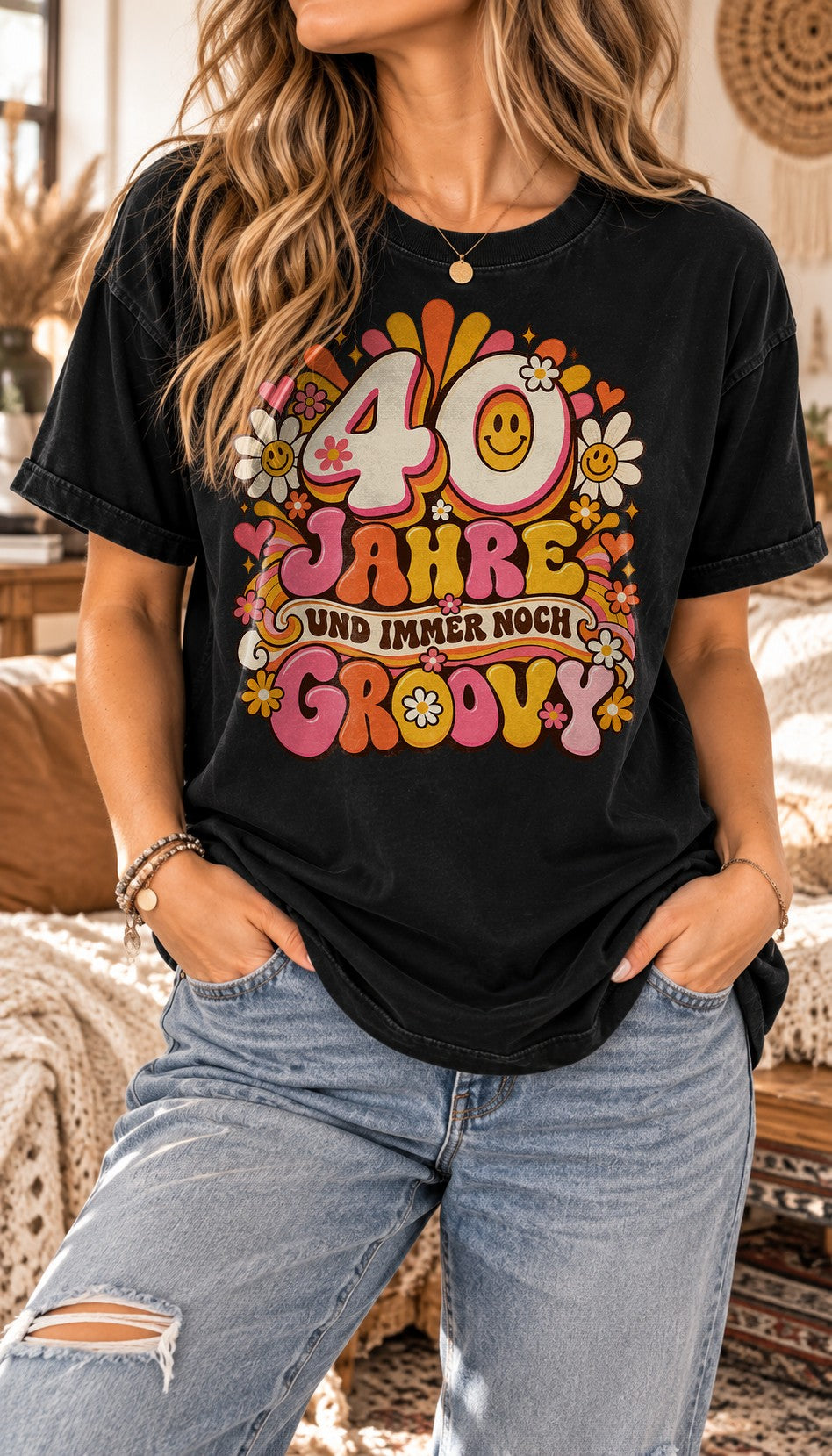 Camiseta de cumpleaños personalizada para mujer retro, camiseta de cumpleaños groovy con edad, regalo boho individualizado de los años 70