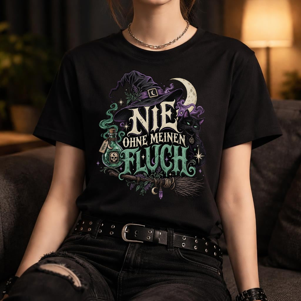 Nie Ohne Meinen Fluch T-Shirt Gothic Witch Cat Halloween Shirt für Damen
