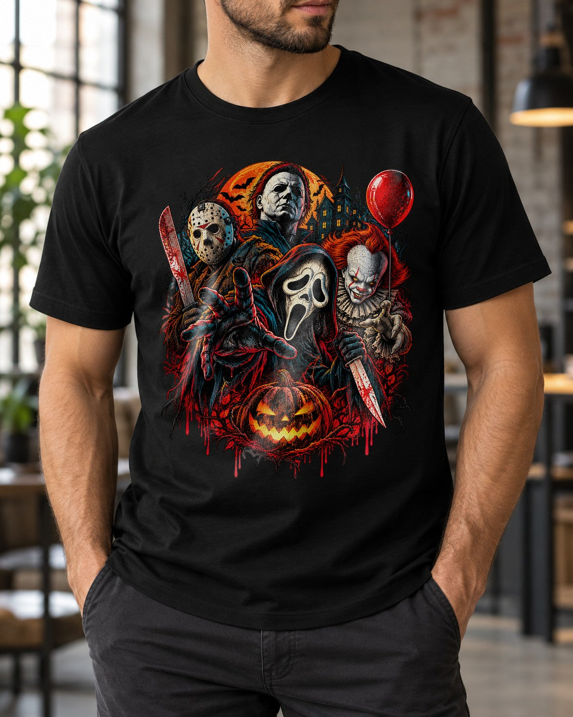 Halloween Horror T-Shirt Herren, Slasher Film Villains Shirt, Michael Myers Jason Ghostface Pennywise Tee, Grusel Outfit
