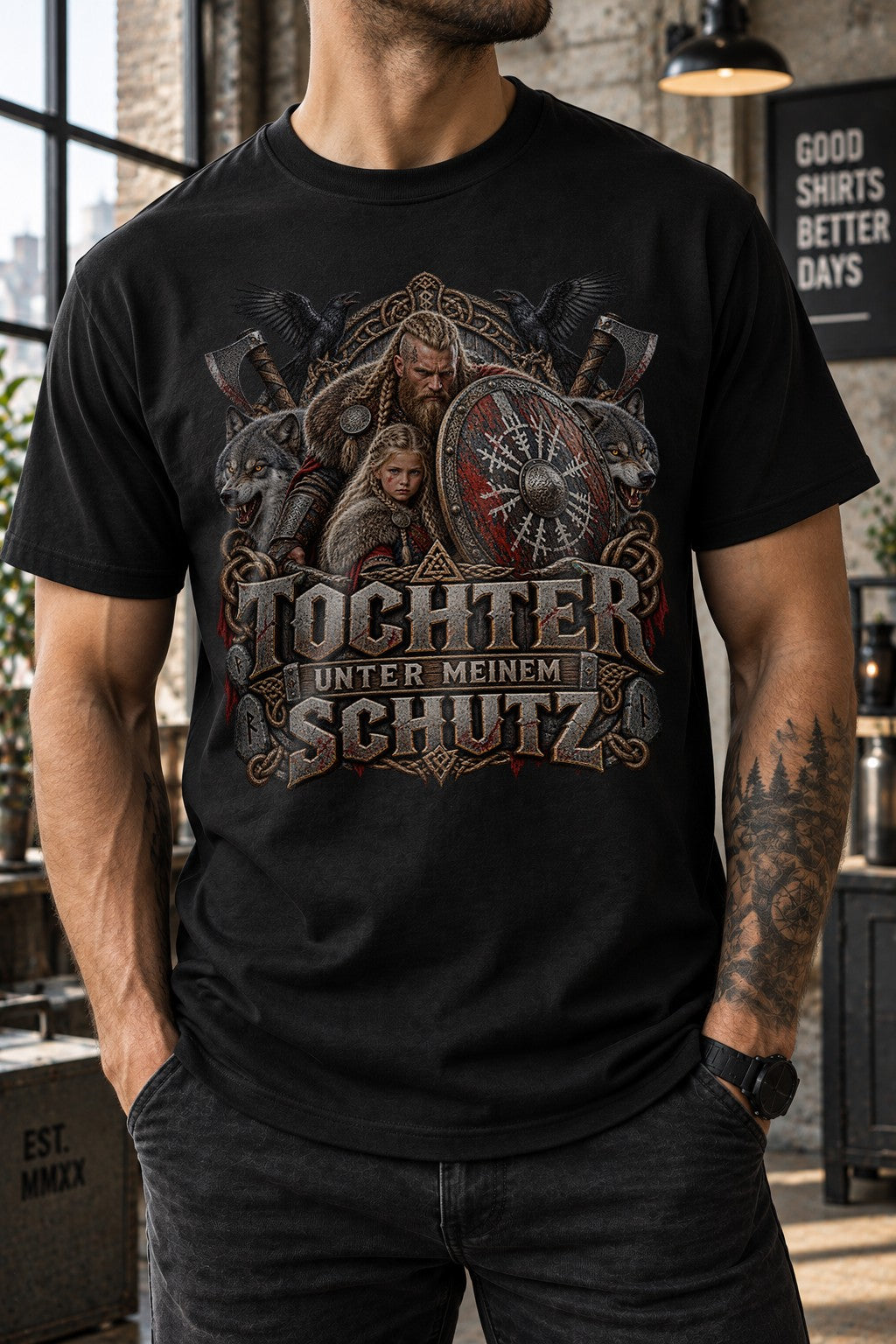 Tochter unter meinem Schutz T-Shirt Wikinger Vater Shirt mit Wolf Rabe Schild, Geschenk für Papa mit Tochter