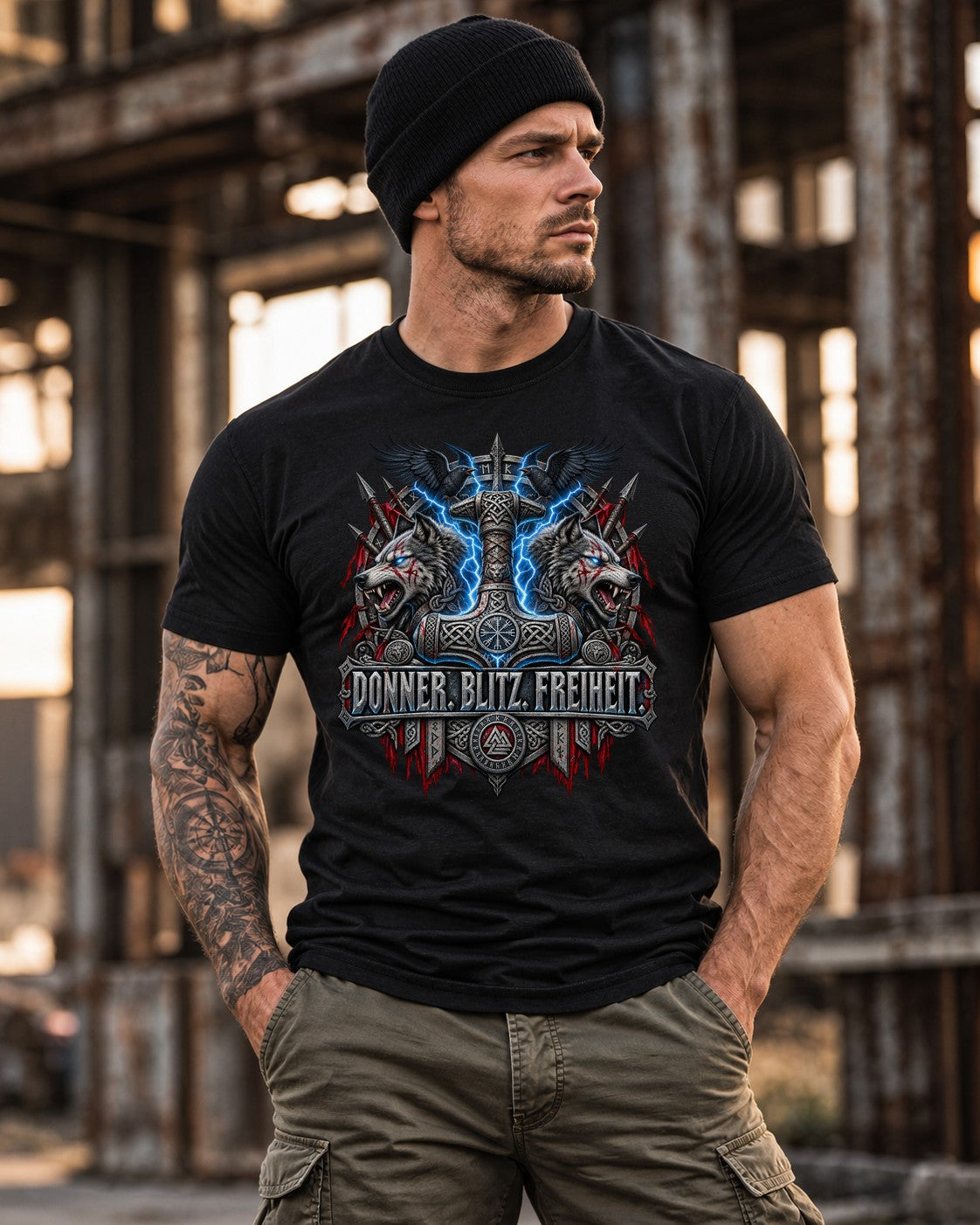 Wikinger T-Shirt Donner Blitz Freiheit, Wolf Thor Hammer Shirt Herren