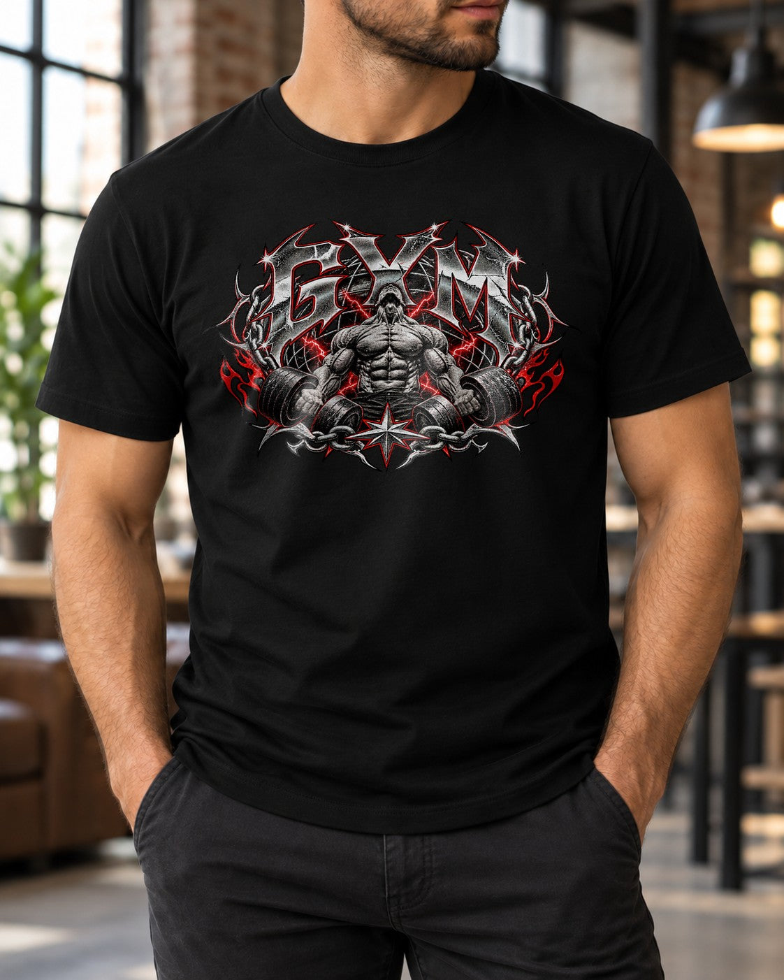 Gym T-Shirt Herren Gothic Fitness Shirt Bodybuilding Pump Cover Schwarz Muskelshirt mit Hantel Grafik
