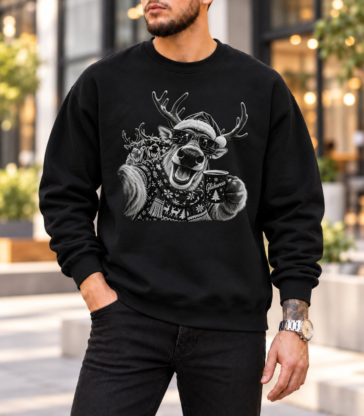 Lustiges Weihnachts Rentier Sweatshirt mit Glühwein – cooles Winter Motiv mit Sonnenbrille für Damen und Herren