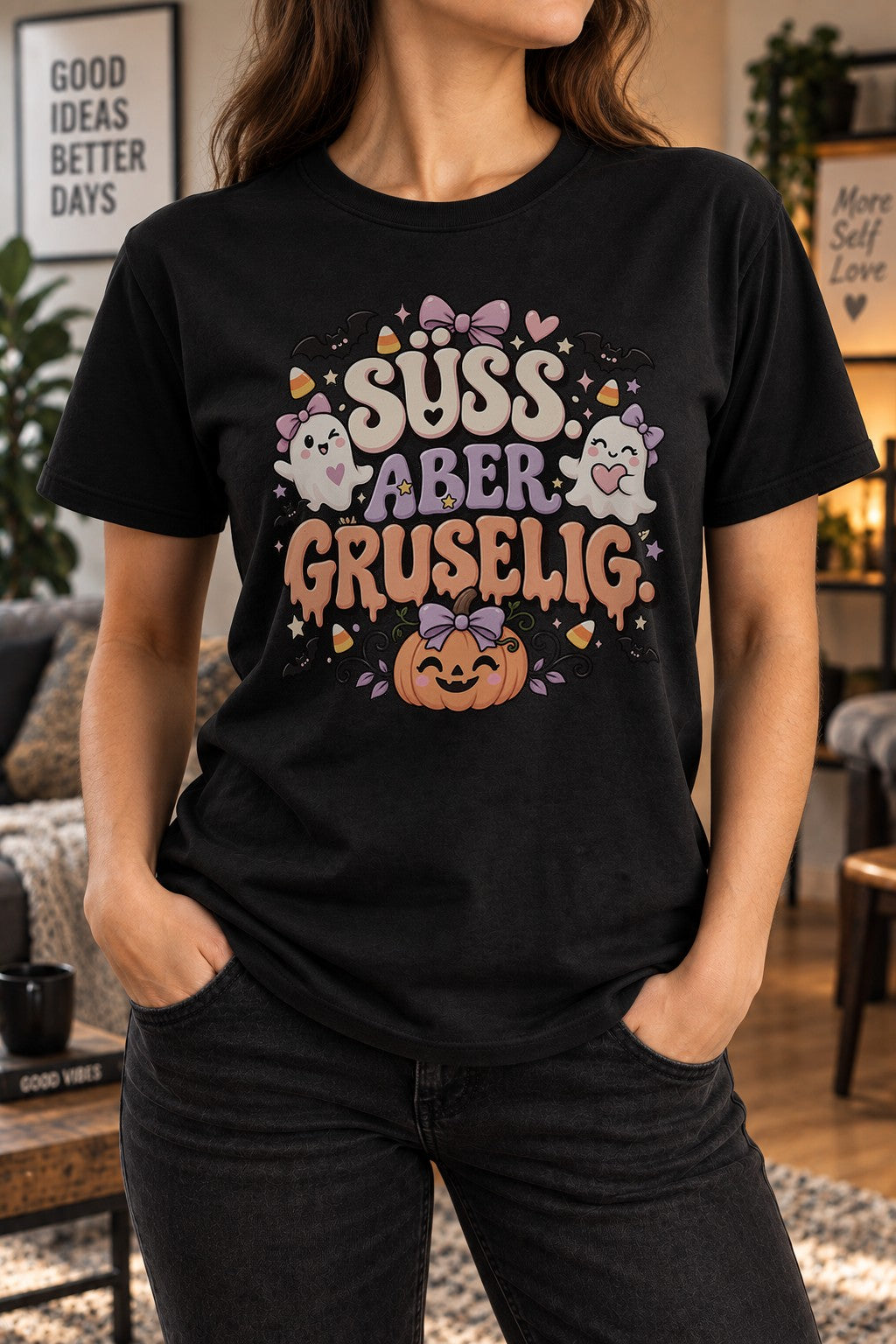 Süß Aber Gruselig Halloween T-Shirt Damen Kawaii Geist Kürbis Shirt Cute Spooky Herbst Oberteil Geschenk Frau