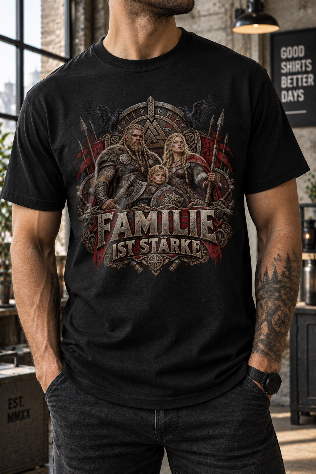 Familie ist Stärke Wikinger T-Shirt Herren, Nordisch Viking Shirt mit Runen, Krieger Familie Geschenk, Fantasy Print Tee