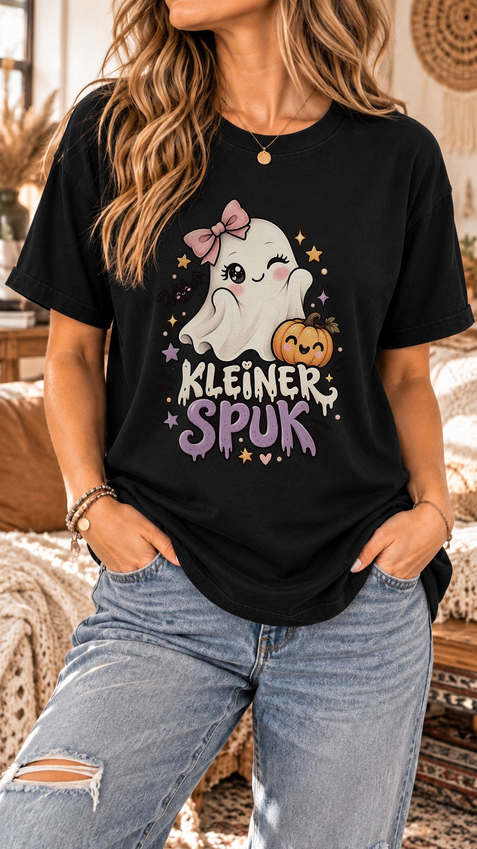 Kleiner Spuk Halloween T-Shirt Damen Cute Ghost Shirt Kawaii Kürbis Herbst Oversized Boho Gruselshirt Geschenk