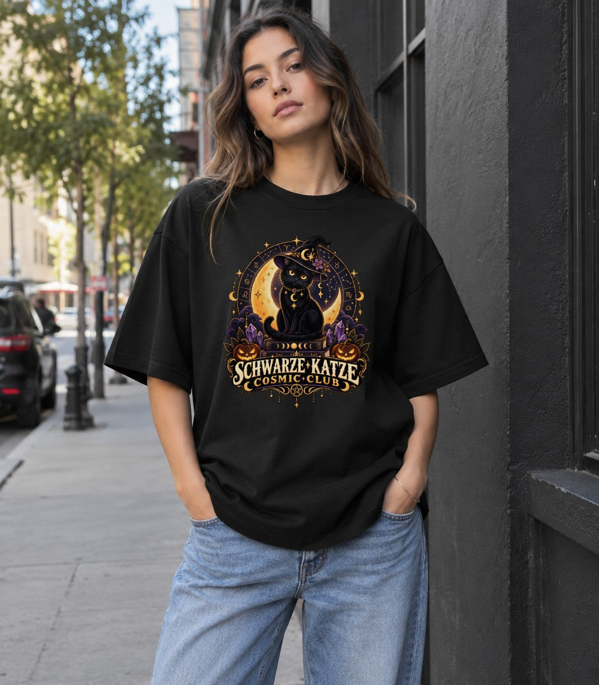 Schwarze Katze Cosmic Club T-Shirt Damen Oversized Halloween Witchy Cat Shirt Gothic Retro Mond Katze
