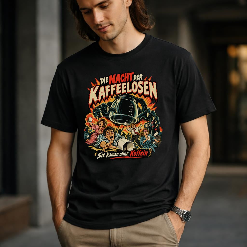 Die Nacht der Kaffeelosen T-Shirt lustig, Kaffee Humor Shirt, Retro Horror Koffein Funshirt Unisex