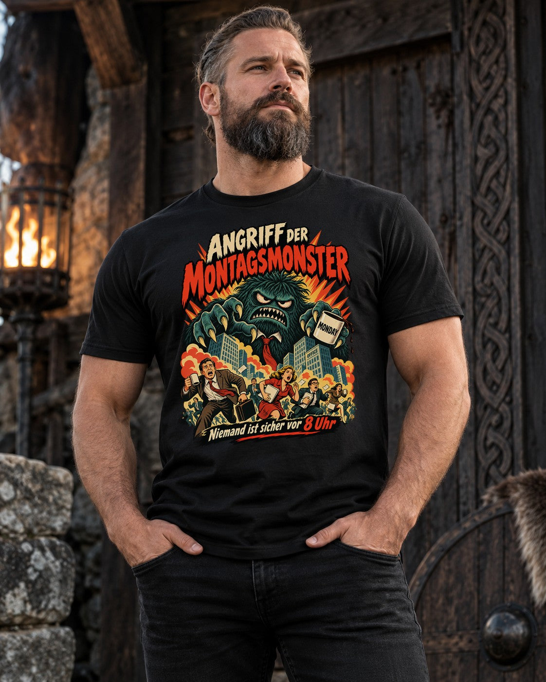 Angriff der Montagsmonster T-Shirt Herren lustig Büro Montag Spruch Shirt Retro Monster Grafik Geschenk