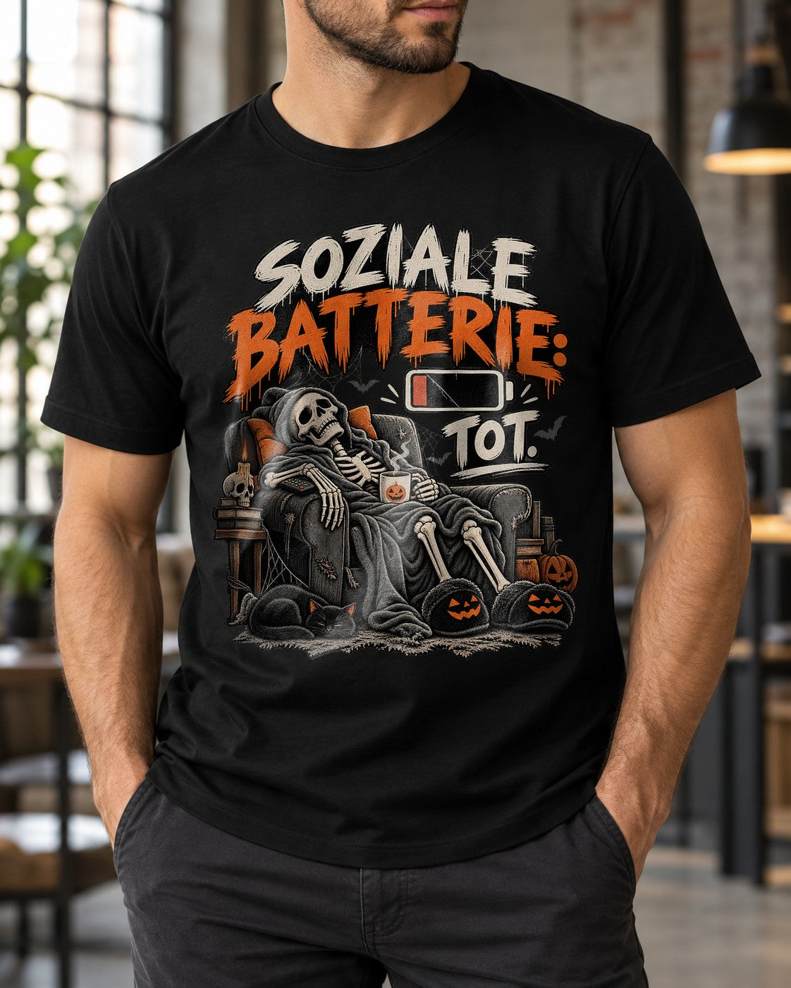 Soziale Batterie Tot T-Shirt Herren Damen Halloween Skelett Shirt lustig Introvertiert Gothic Herbst Geschenk