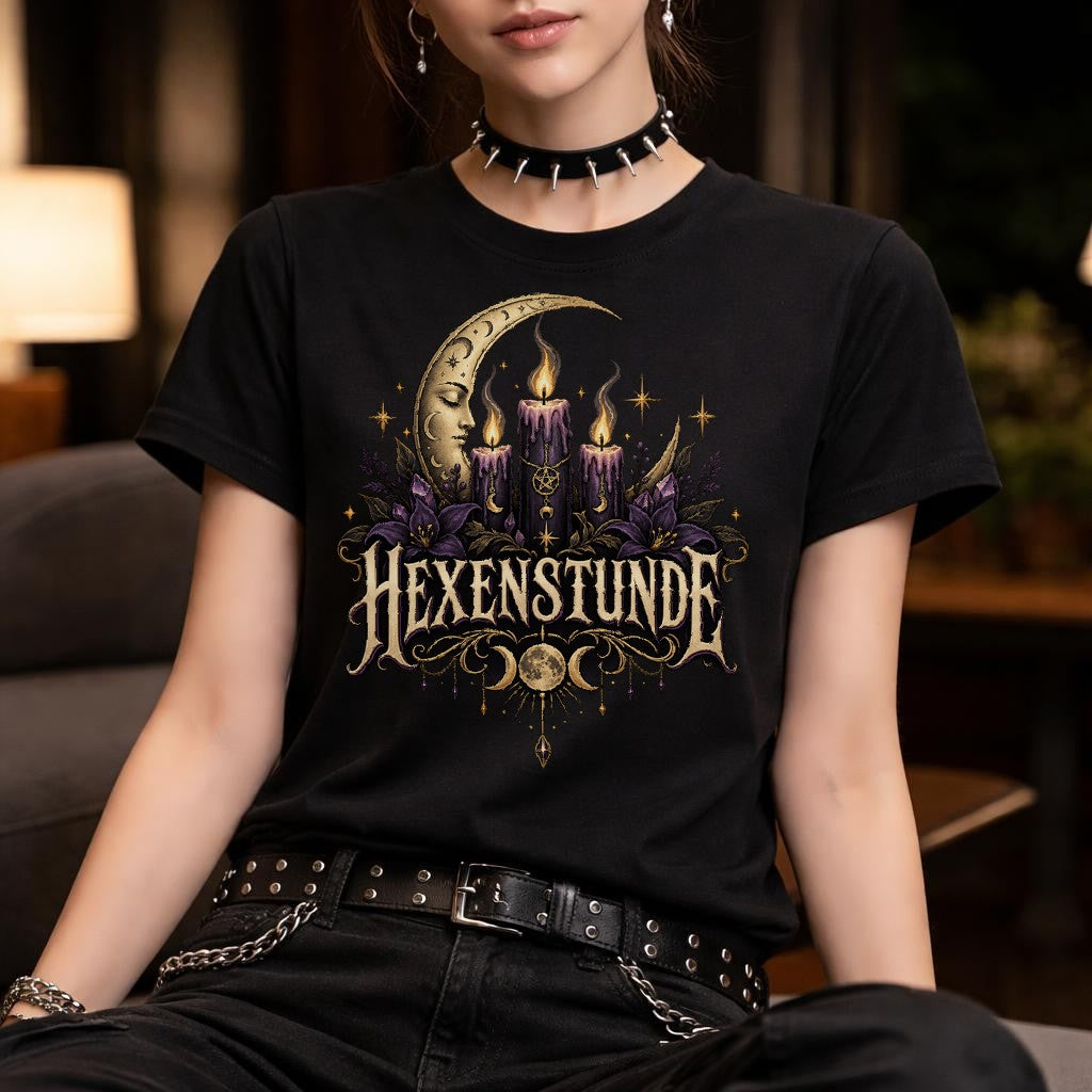 Hexenstunde Gothic T-Shirt Damen mit Mond, Kerzen & Witchy Print